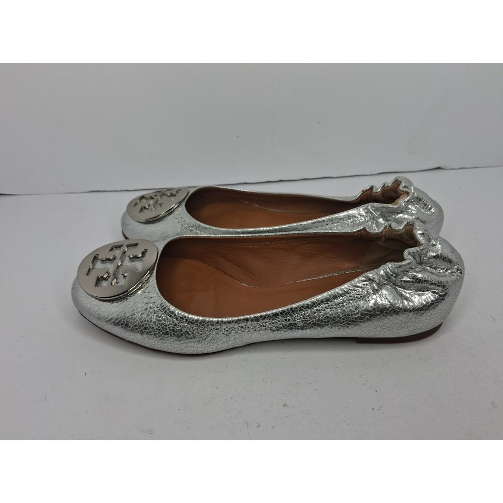 Tory Burch Leather Reva Ballet Flats Silver Metallic Hardware Logo USA Size 5